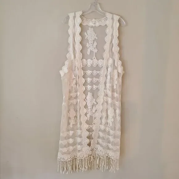 Women's‎ Bohemian Long Vest Embroidered Size Large Beige Western - Picture 3 of 9